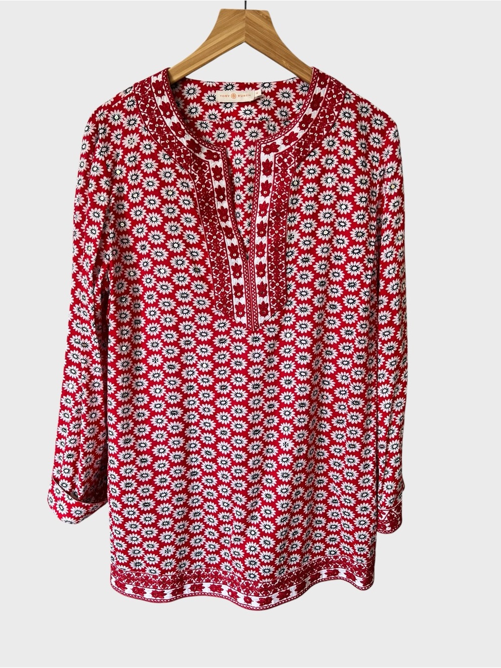 Tory Burch Embroidered Jayne tunic in Nantucket red. 100% cotton